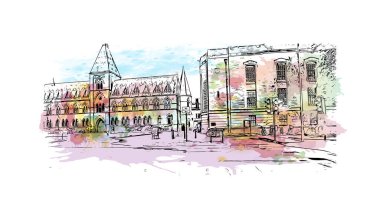 Oxford 'un simgesi olan Print Building View İngiltere' de bulunmaktadır. Vektörde elle çizilmiş resim ile suluboya sıçraması.