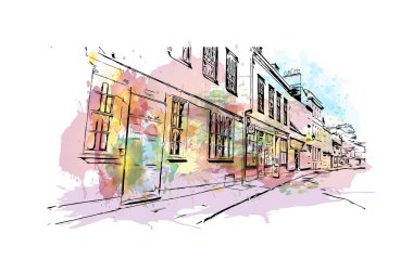Oxford 'un simgesi olan Print Building View İngiltere' de bulunmaktadır. Vektörde elle çizilmiş resim ile suluboya sıçraması.