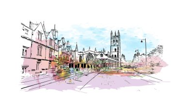 Oxford 'un simgesi olan Print Building View İngiltere' de bulunmaktadır. Vektörde elle çizilmiş resim ile suluboya sıçraması.