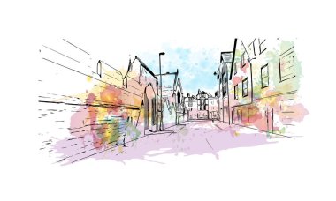Oxford 'un simgesi olan Print Building View İngiltere' de bulunmaktadır. Vektörde elle çizilmiş resim ile suluboya sıçraması.