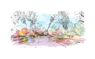 Oxford 'un simgesi olan Print Building View İngiltere' de bulunmaktadır. Vektörde elle çizilmiş resim ile suluboya sıçraması.