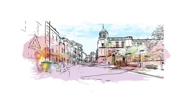 Oxford 'un simgesi olan Print Building View İngiltere' de bulunmaktadır. Vektörde elle çizilmiş resim ile suluboya sıçraması.