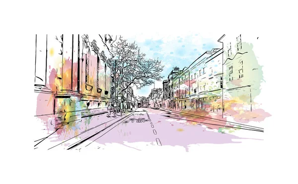 印刷オックスフォードのランドマークとビルの景色はイギリスの街です 手描きのスケッチイラストと水彩スプラッシュベクトル — ストックベクタ