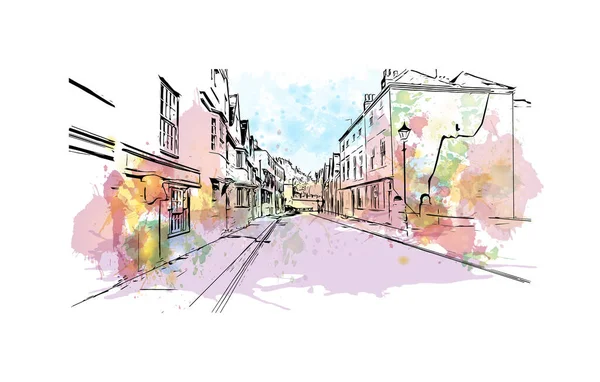 Print Building View Landmark Oxford Staden England Akvarell Stänk Med — Stock vektor