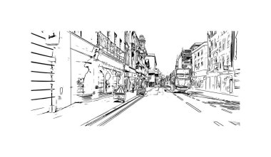 Oxford 'un simgesi olan Print Building View İngiltere' de bulunmaktadır. Vektörde elle çizilmiş çizim çizimi.