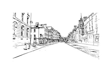 Oxford 'un simgesi olan Print Building View İngiltere' de bulunmaktadır. Vektörde elle çizilmiş çizim çizimi.