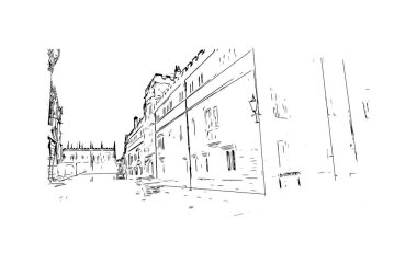Oxford 'un simgesi olan Print Building View İngiltere' de bulunmaktadır. Vektörde elle çizilmiş çizim çizimi.