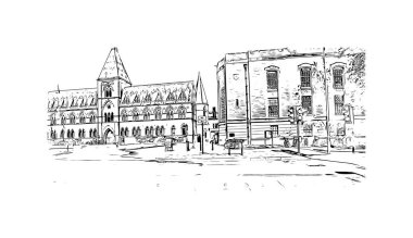 Oxford 'un simgesi olan Print Building View İngiltere' de bulunmaktadır. Vektörde elle çizilmiş çizim çizimi.