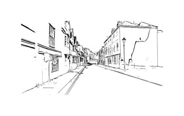 Oxford 'un simgesi olan Print Building View İngiltere' de bulunmaktadır. Vektörde elle çizilmiş çizim çizimi.