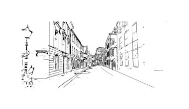 Oxford 'un simgesi olan Print Building View İngiltere' de bulunmaktadır. Vektörde elle çizilmiş çizim çizimi.