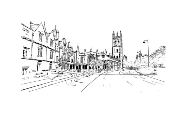 Imprimir Vista Del Edificio Con Hito Oxford Ciudad Inglaterra Dibujo — Vector de stock