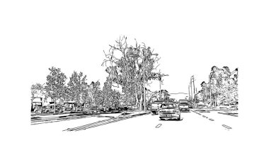 Oxnard 'ın simgesi olan Print Building View Kaliforniya' da bulunmaktadır. Vektörde elle çizilmiş çizim çizimi.