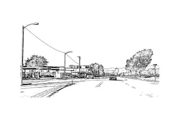 带有奥克斯纳德地标的印刷建筑景观是加州的一个城市 矢量手绘草图 — 图库矢量图片