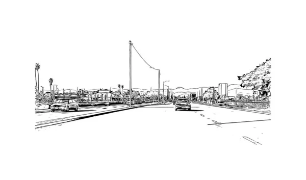 Print Building View Landmark Oxnard Staden Kalifornien Handritad Skiss Illustration — Stock vektor
