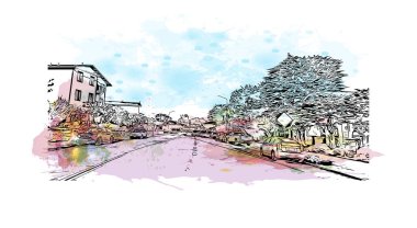 Pasifik Korusu 'nun simgesi olan Print Building View Kaliforniya' da bulunmaktadır. Vektörde elle çizilmiş resim ile suluboya sıçraması.