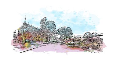 Pasifik Korusu 'nun simgesi olan Print Building View Kaliforniya' da bulunmaktadır. Vektörde elle çizilmiş resim ile suluboya sıçraması.