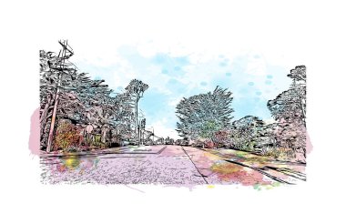 Pasifik Korusu 'nun simgesi olan Print Building View Kaliforniya' da bulunmaktadır. Vektörde elle çizilmiş resim ile suluboya sıçraması.