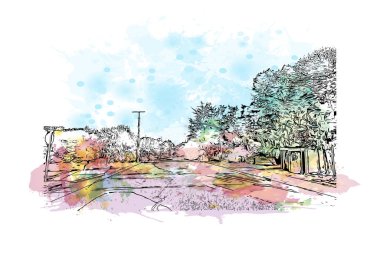 Pasifik Korusu 'nun simgesi olan Print Building View Kaliforniya' da bulunmaktadır. Vektörde elle çizilmiş resim ile suluboya sıçraması.