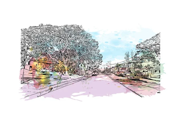 Pasifik Korusu 'nun simgesi olan Print Building View Kaliforniya' da bulunmaktadır. Vektörde elle çizilmiş resim ile suluboya sıçraması.