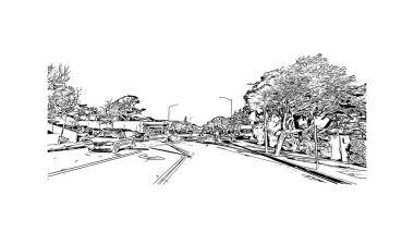 Pasifik Korusu 'nun simgesi olan Print Building View Kaliforniya' da bulunmaktadır. Vektörde elle çizilmiş çizim çizimi.