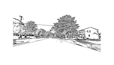 Pasifik Korusu 'nun simgesi olan Print Building View Kaliforniya' da bulunmaktadır. Vektörde elle çizilmiş çizim çizimi.