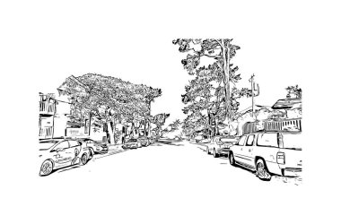 Pasifik Korusu 'nun simgesi olan Print Building View Kaliforniya' da bulunmaktadır. Vektörde elle çizilmiş çizim çizimi.