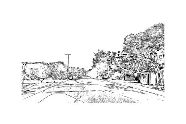 Pasifik Korusu 'nun simgesi olan Print Building View Kaliforniya' da bulunmaktadır. Vektörde elle çizilmiş çizim çizimi.