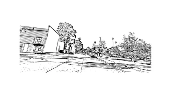 Print Вид Здание Достопримечательностью Pacific Grove Город Калифорнии Ручной Рисунок — стоковый вектор
