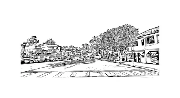 印刷パシフィックグローブのランドマークとビルの景色はカリフォルニア州の街です 手描きのスケッチ図ベクトル — ストックベクタ
