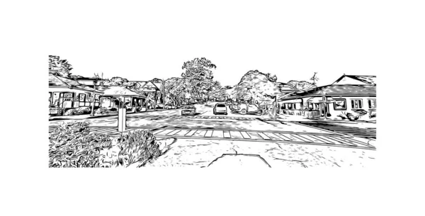 印刷パシフィックグローブのランドマークとビルの景色はカリフォルニア州の街です 手描きのスケッチ図ベクトル — ストックベクタ