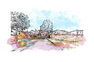 Padua 'nın simgesi olan Print Building view İtalya' da yer almaktadır. Vektörde elle çizilmiş resim ile suluboya sıçraması.