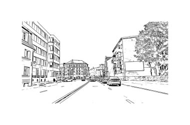 Palanga 'nın simgesi olan Print Building View Litvanya' da yer almaktadır. Vektörde elle çizilmiş çizim çizimi.
