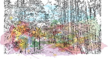 Palanga 'nın simgesi olan Print Building View Litvanya' da yer almaktadır. Vektörde elle çizilmiş resim ile suluboya sıçraması.