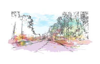 Palanga 'nın simgesi olan Print Building View Litvanya' da yer almaktadır. Vektörde elle çizilmiş resim ile suluboya sıçraması.