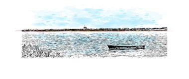Print Building view with landmark of Palavas les Flots, Fransa 'da bir komün. Vektörde elle çizilmiş resim ile suluboya sıçraması