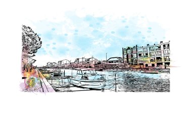 Print Building view with landmark of Palavas les Flots, Fransa 'da bir komün. Vektörde elle çizilmiş resim ile suluboya sıçraması