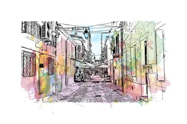 Print Building view with landmark of Palavas les Flots, Fransa 'da bir komün. Vektörde elle çizilmiş resim ile suluboya sıçraması.