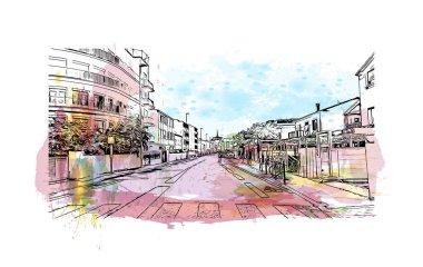 Print Building view with landmark of Palavas les Flots, Fransa 'da bir komün. Vektörde elle çizilmiş resim ile suluboya sıçraması.