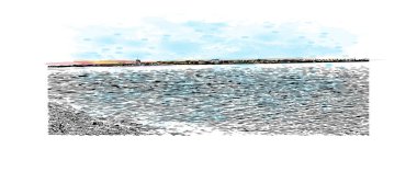 Print Building view with landmark of Palavas les Flots, Fransa 'da bir komün. Vektörde elle çizilmiş resim ile suluboya sıçraması.