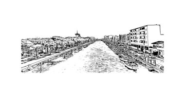 Print Building view with landmark of Palavas les Flots, Fransa 'da bir komün. Vektörde elle çizilmiş çizim çizimi.