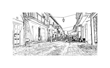 Print Building view with landmark of Palavas les Flots, Fransa 'da bir komün. Vektörde elle çizilmiş çizim çizimi.