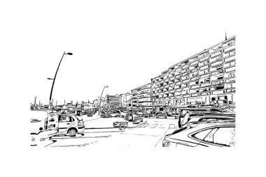 Print Building view with landmark of Palavas les Flots, Fransa 'da bir komün. Vektörde elle çizilmiş çizim çizimi.