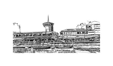 Print Building view with landmark of Palavas les Flots, Fransa 'da bir komün. Vektörde elle çizilmiş çizim çizimi.