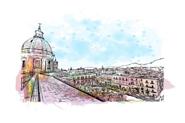 Print Building view with landmark of Palermo is the city in Italy. Vektörde elle çizilmiş resim ile suluboya sıçraması.