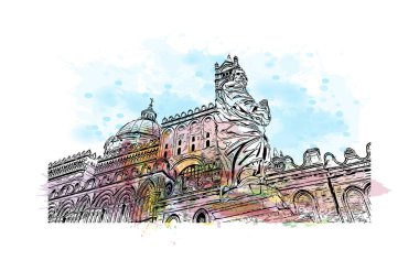 Print Building view with landmark of Palermo is the city in Italy. Vektörde elle çizilmiş resim ile suluboya sıçraması.