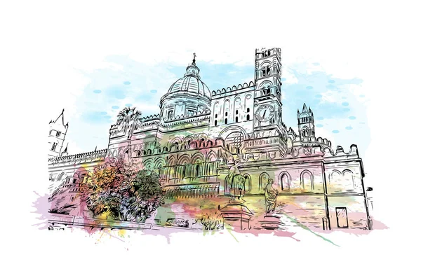 Print Building View Landmark Palermo Staden Italien Akvarell Stänk Med — Stock vektor