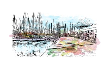 Print Building view with landmark of Palermo is the city in Italy. Vektörde elle çizilmiş resim ile suluboya sıçraması.