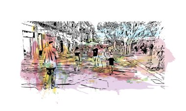 Print Building view with landmark of Palermo is the city in Italy. Vektörde elle çizilmiş resim ile suluboya sıçraması.