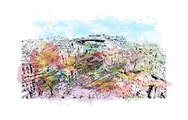 Print Building view with landmark of Palermo is the city in Italy. Vektörde elle çizilmiş resim ile suluboya sıçraması.