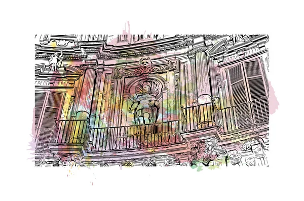 印刷パレルモのランドマークとビルの景色はイタリアの街です 手描きのスケッチイラストと水彩スプラッシュベクトル — ストックベクタ